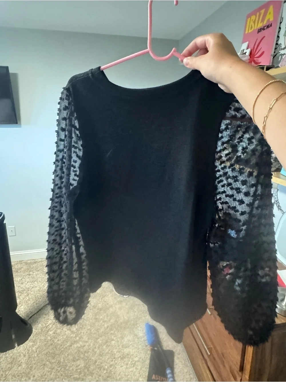 Anthropologie Black Top with Sheer Textured Balloon Sleeves